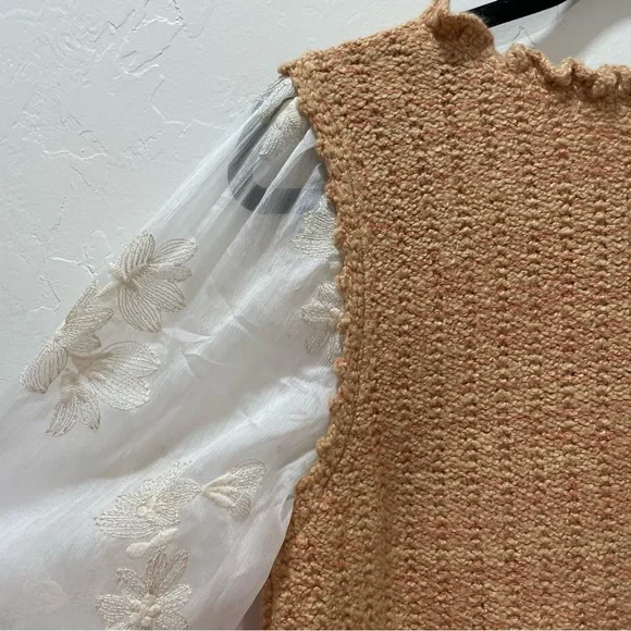 Anthropologie Layered Sweater Vest Blouse Tan White Sheer Floral Women's Medium - Picture 12 of 16